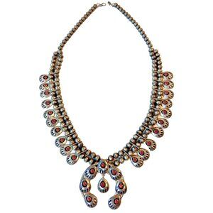 VTG Navajo Necklace Sterling Silver Coral Bear Paw Squash Blossom Shadowbox Naja